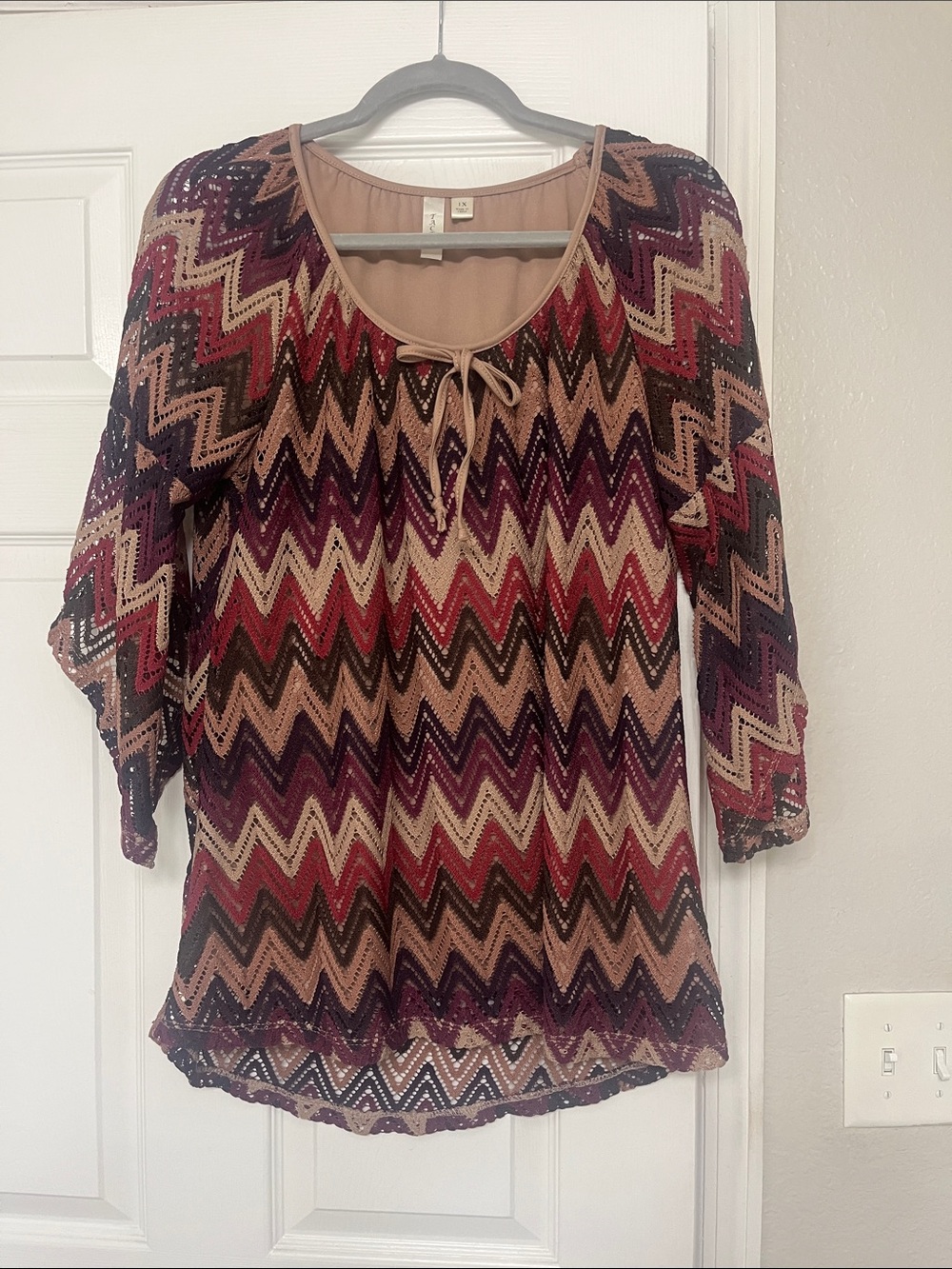 Tacera Zigzag Tie-Neck Tunic in Burgundy, Tan & Black